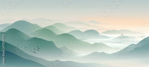A picturesque scene of misty mountain ranges with birds flying, showcasing a tranquil natural landscape.