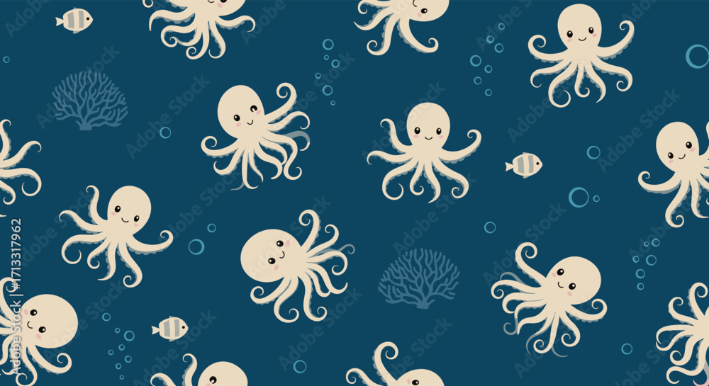 Obraz premium A charming pattern of cute octopuses and fish swimming in a deep blue ocean.