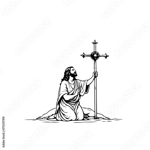 Jesus Christ prayerful devotion holding the radiant cross symbol of faith spirituality and