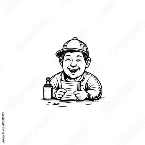 Joyful illustration of a happy boy with a cap enjoying craft time with paint and paper artistic