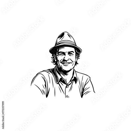 Line art portrait depicting a smiling man wearing a hat showing a friendly and approachable demeanor