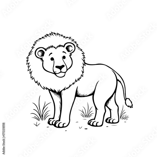 Majestic cartoon lion outline standing tall in grassy patch waiting to be colored with vibrant