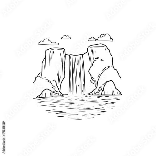 Majestic mountain waterfall scene graphic, with detailed line drawing creates tranquil