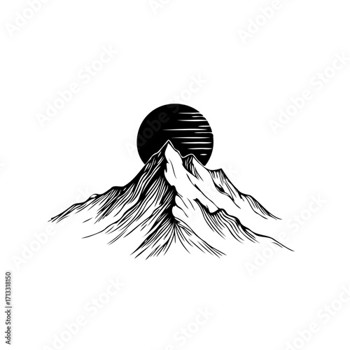 Majestic peak silhouette with celestial sphere behind drawing landscape illustration and nature