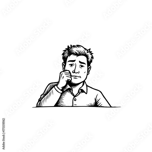 Man expressing pensive mood with hand on chin illustrating contemplative stance and thoughtful
