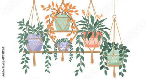 A cozy corner filled with hanging plants and macrame planters.