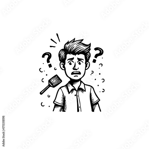 Man's puzzled reaction to a cleaning brush a humorous illustration of confusion and housework