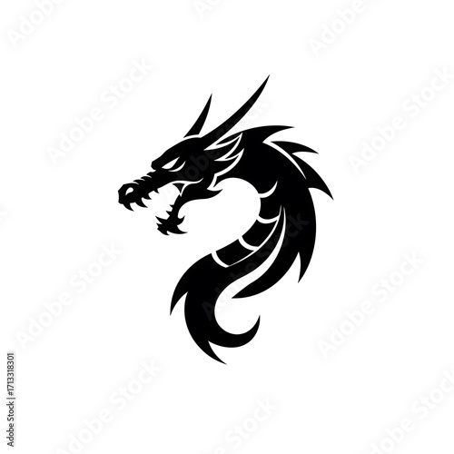 Black Dragon Head Tattoo Design with Fierce Expression and Sharp Features
