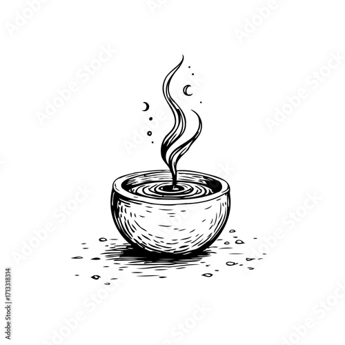 Minimalist illustration of a steaming liquid in a small bowl with lunar celestial elements evokes