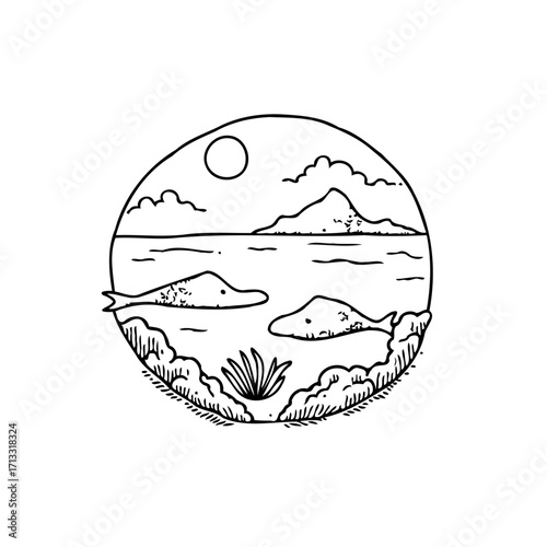 Minimalist linework featuring a serene seascape with fishes, clouds, mountain, and aquatic flora