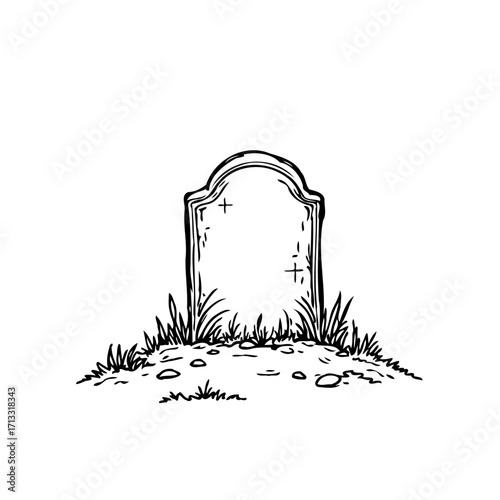 Minimalist monochrome depiction showcasing a weathered headstone surrounded by foliage in a burial