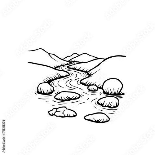 Minimalist river scene design with undulating water flowing through hills and smooth stones vector