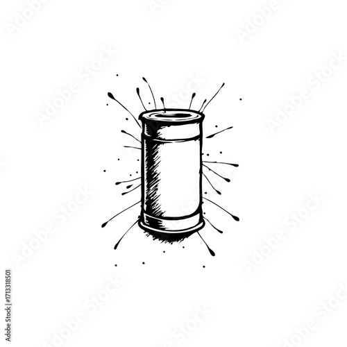 Monochromatic depiction of an ammunition casing with dynamic radial splatter design emphasizing