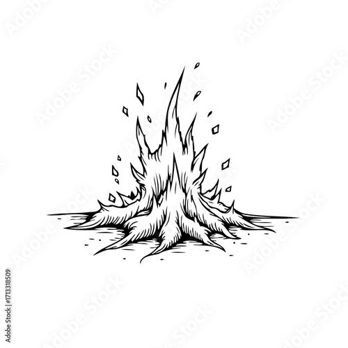 Monochromatic depiction of crackling fire with ascending embers showcasing heat and energy in