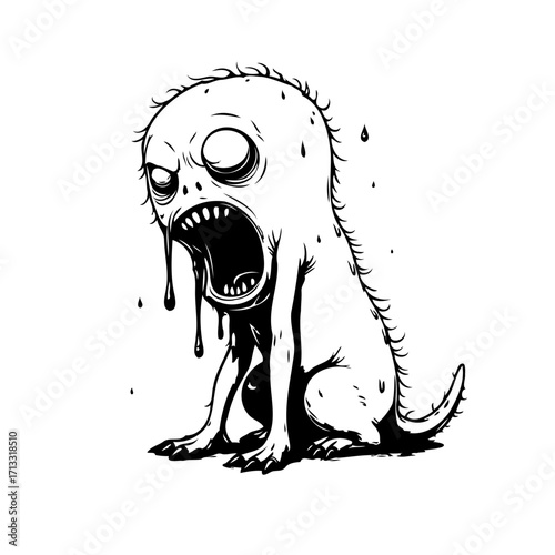 Monochromatic ghoul depiction a bizarre creature with exaggerated features sitting with an