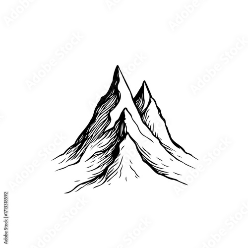 Monochromatic sketch illustration of majestic mountain range silhouette embodying nature's