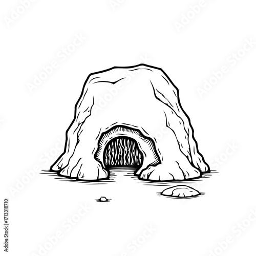 Monochrome cave entrance illustration leading to dark depths and mystery with textured rock