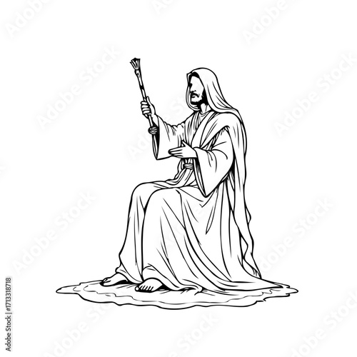 Monochrome contemplative figure sitting holding scepter religious illustration conveying authority