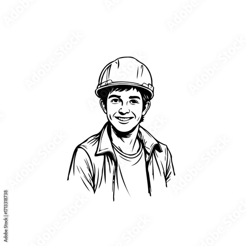 Monochrome construction worker portrait showcasing a smiling foreman in safety helmet rendered