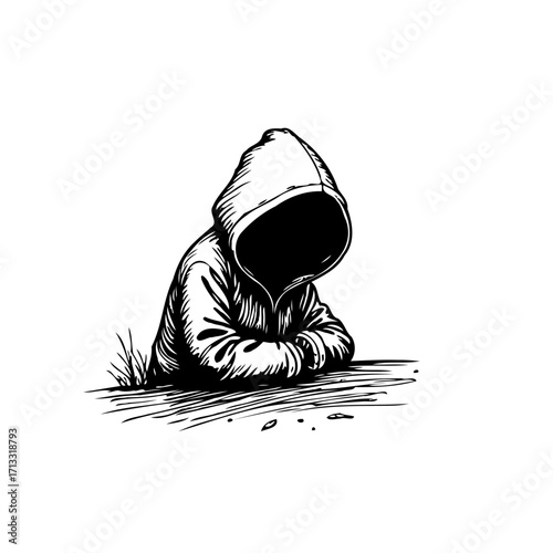 Monochrome depiction of a figure with concealed identity, the void within, a shrouded mystery