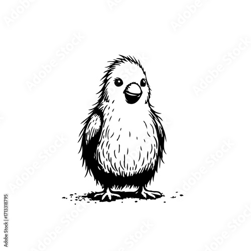 Monochrome depiction of a fluffy chick, a gentle representation of infancy, innocence and