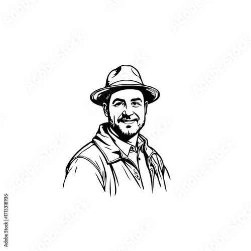 Monochrome drawing of a smiling man with hat and jacket exudes approachable charm and warmth