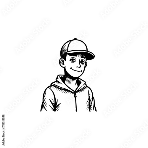 Monochrome drawing of a young boy wearing cap and hooded jacket in black ink simple design style