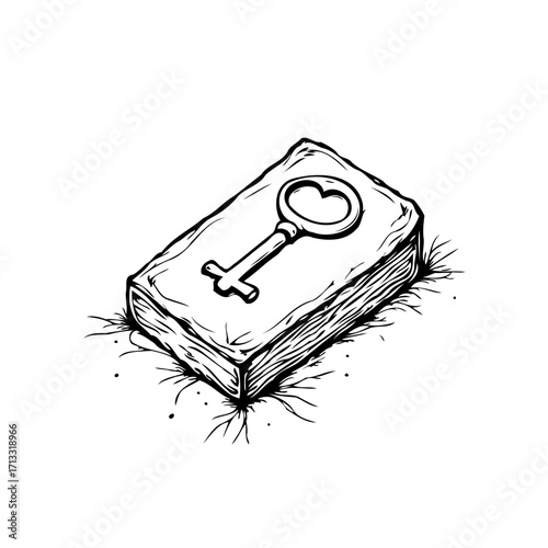 Monochrome drawing of book with heart shaped key symbol on the cover suggesting mystery and