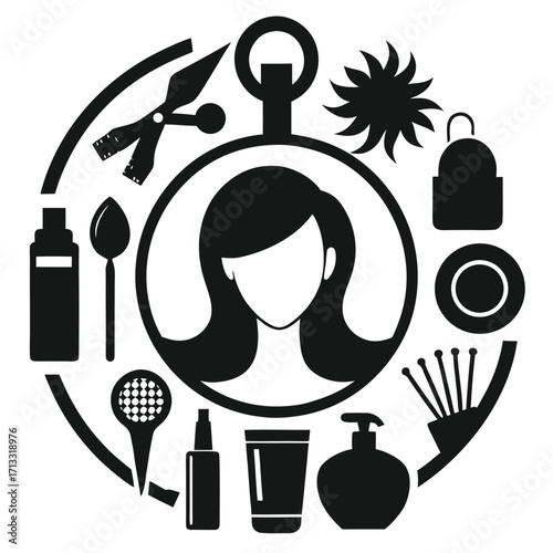 A circular arrangement of beauty and hair salon icons including a woman's silhouette scissors a hair dryer and various cosmetic products Keywords: beauty salon icons hair salon icons beauty care