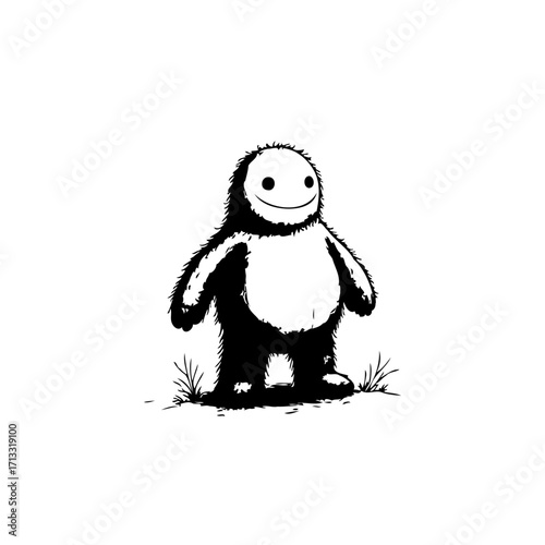 Monochrome fuzzy creature illustration standing peacefully on grass evoking feelings of joy and