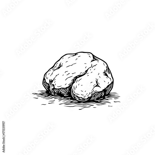 Monochrome hand drawn illustration of a solitary boulder with rough texture showcasing natural