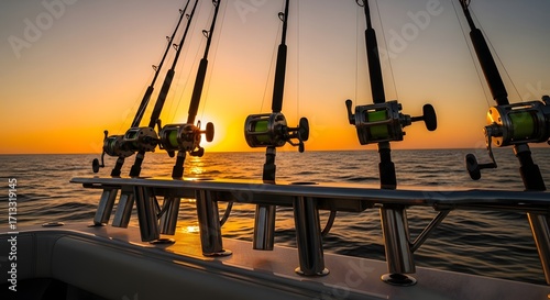 Fishing rods on a boat at sunset over the ocean.