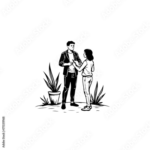 Monochrome illustration depicting a casual encounter between a man and woman amidst ornamental