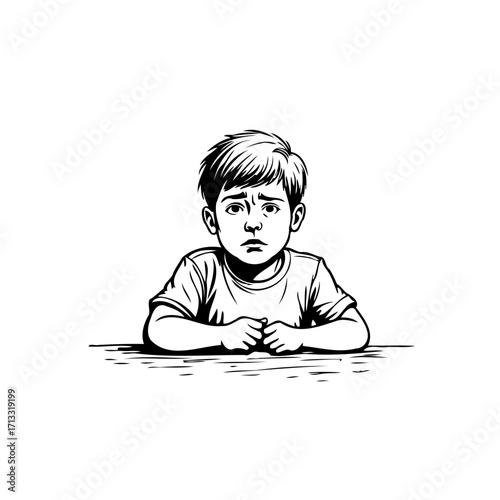 Monochrome illustration depicting a young boy with a serious expression contemplating life