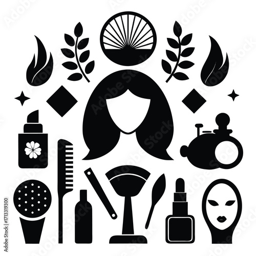 A collection of black silhouette icons representing beauty and hair care products and symbols arranged in a circular pattern around a central female silhouette