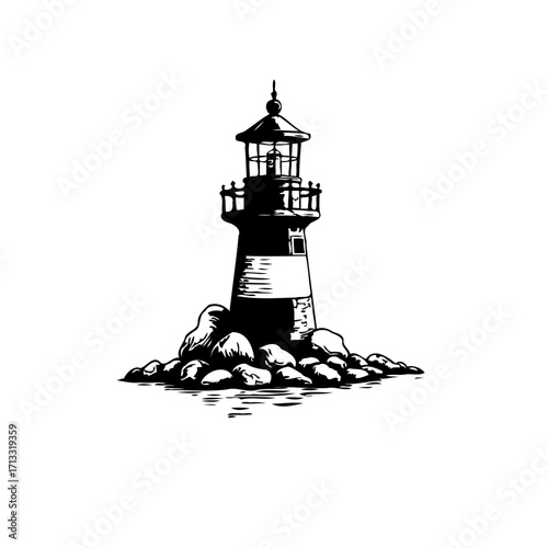 Monochrome lighthouse illustration perched atop a rocky outcrop offering guidance to maritime