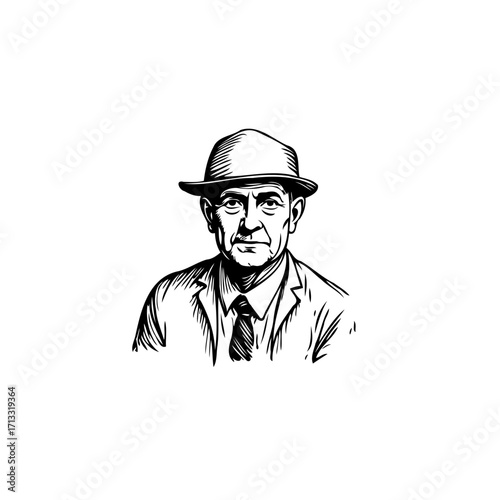 Monochrome line art portraying a distinguished gentleman donning a fedora expressing wisdom and