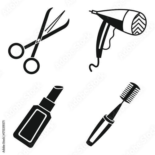 A collection of four black and white icons representing beauty and hair salon tools and products including scissors a hairdryer lipstick and mascara Keywords: beauty icons hair salon icons beauty