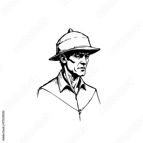 Monochrome linework portrait of a mature man wearing a pith helmet gazing intently forward