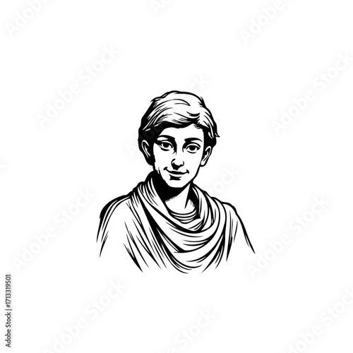 Monochrome portrait illustration of a young person with draped fabric artistic rendering youthful