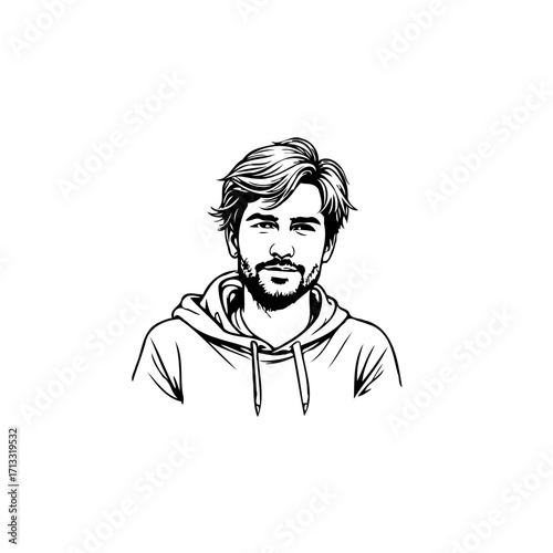 Monochrome portrait illustration showcasing a modern man in a hoodie design for various creative