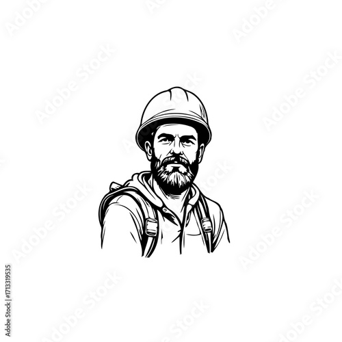 Monochrome portrait of a construction worker with beard wearing hard hat and backpack in black and