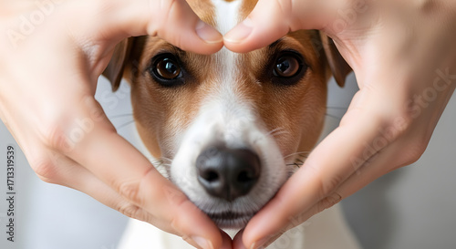 Close up of a loving person making a heart shape with their hands around a cute jack russell terrier dog s face