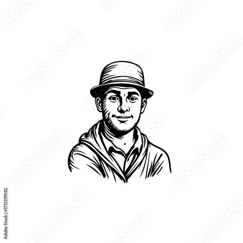 Monochrome portrait of a smiling man adorned with a stylish hat in line art style