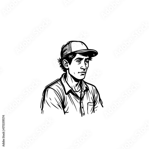 Monochrome portrait of a man with cap depicted in detailed line drawing conveys realism and