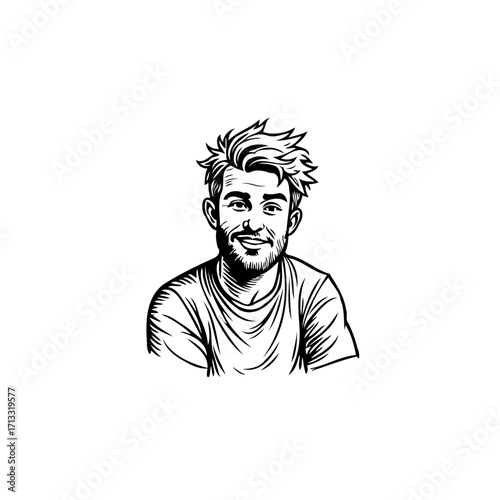 Monochrome portrait of a smiling young man with stylish hair and a beard hand drawn illustration