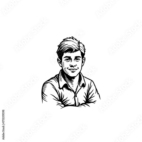 Monochrome portrait of smiling young man with crossed arms exhibiting confidence and calm in a