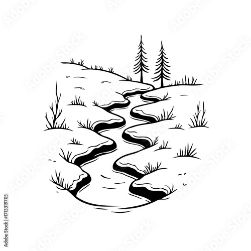 Monochrome river scene with meandering watercourse passing through hilly terrain and evergreen