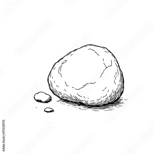 Monochrome rock sketch with pebble accents depicts organic textures and simplified earth element
