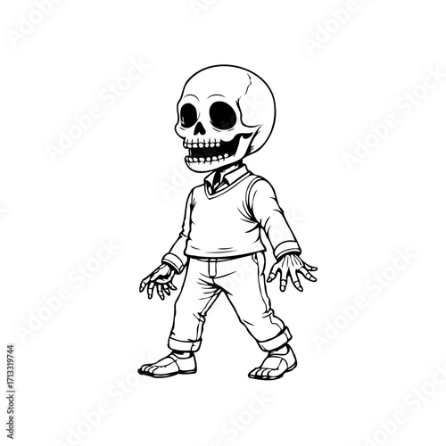 Monochrome skeletal character illustration dressed in casual attire strides forward purposefully